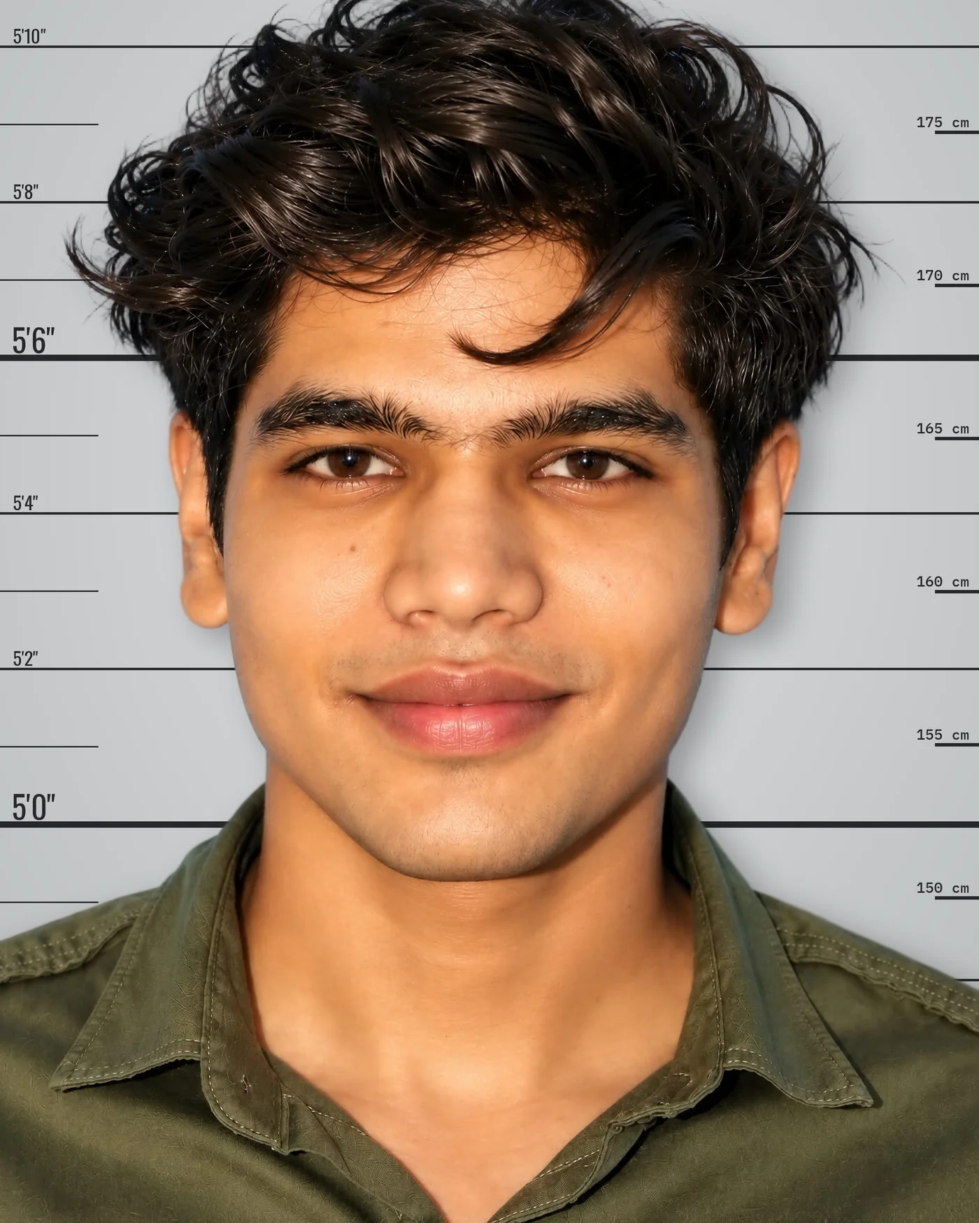 Booking photograph of Prabhat Tiwari in front of a height chart, holding a placard